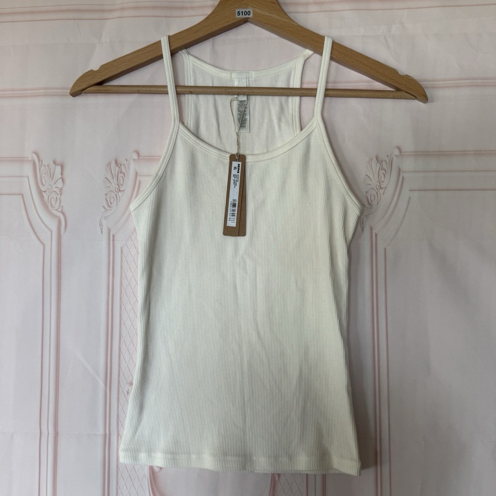 Skims Cotton Rib Scoop Long Tank Marble White Size S NWT Stretchy Logo
